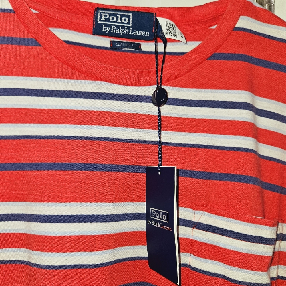 NWT Polo by Ralph Lauren Men's Striped Pocket Tee Shirt, Medium